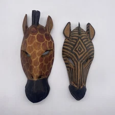 Wooden Hand Carved African Zebra And Giraffe Mask Hanging Wall Art