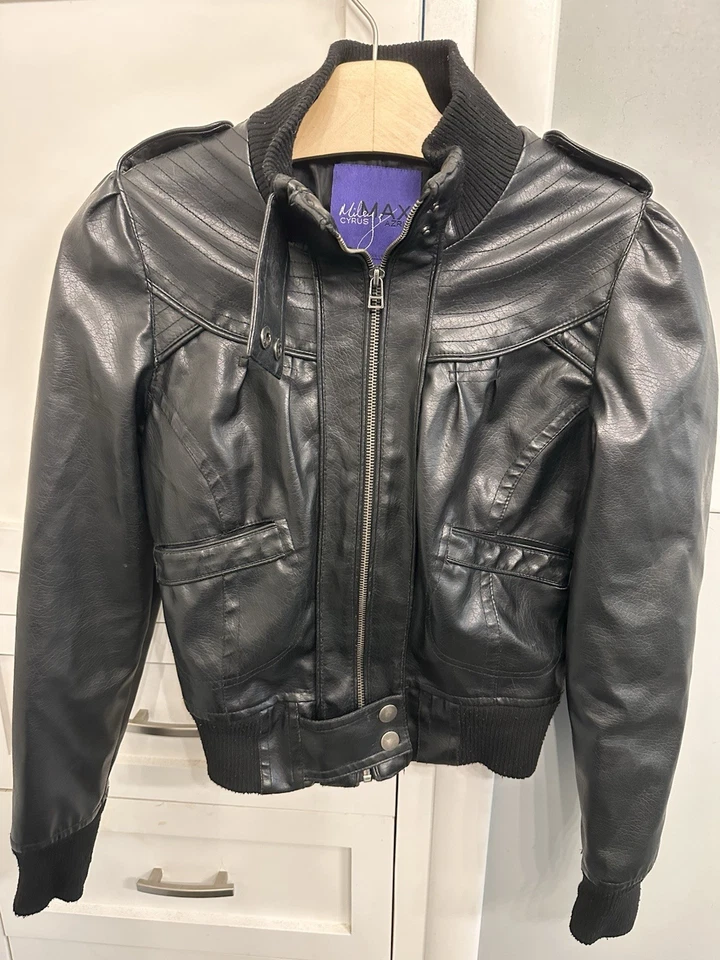 Miley Cyrus Max Azria Black Bomber Women Size Small Leather Jacket - Image 1 of 4