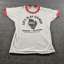 Camiseta De Colección UNO Let's Play Games Para Hombre Mediana Blanca Timbre Años 80 Pantalla Estrellas Camiseta