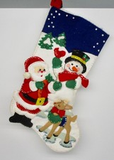 Bucilla Christmas stocking completed felt sequins applique Santa Snowman Deer