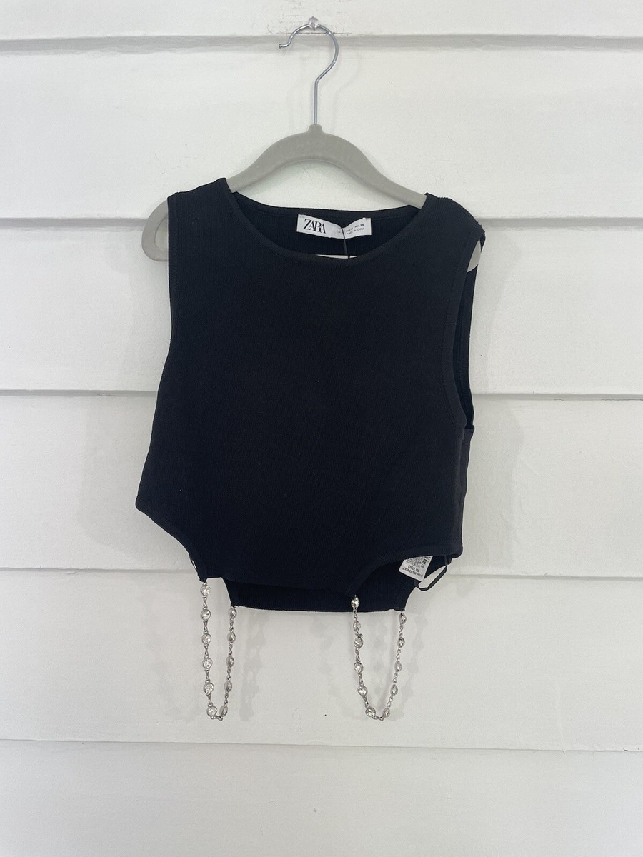 ZARA NEW WOMAN CROP CUT-OUT KNIT TOP RHINESTONE BLACK M 3920/037 Y367 ZARA NEW WOMAN CROP CUT-OUT KNIT TOP RHINESTONE BLACK M 3920/037 Y367