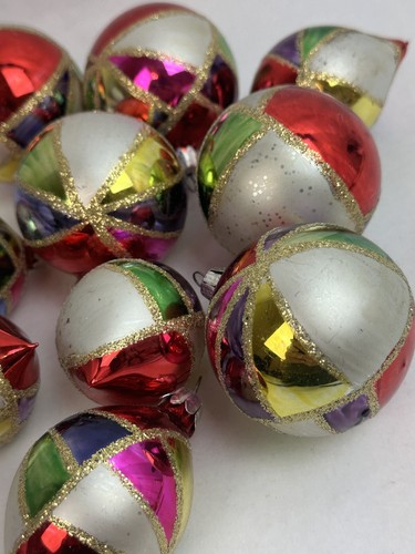 Vintage Glass Ornaments Lot 10 Multicolor W/ Gold Glitter Round And Teardrop - Picture 4 of 10