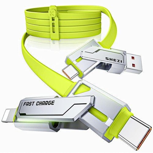 SEZI 4-W-1 USB C Kabel 60W 5FT Szybkie ładowanie Płaski miękki gruby zielony