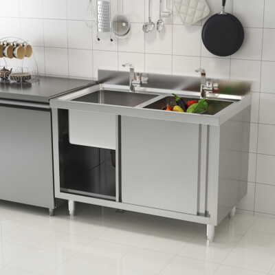 Catering Table Stainless Steel Commercial Sinks Cabinet Dual Bowls W/ Backsplash - View #8