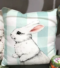 Mint Green Plaid Bunny Rabbit Easter Throw Pillow 16 x 16" Spring Easter Decor