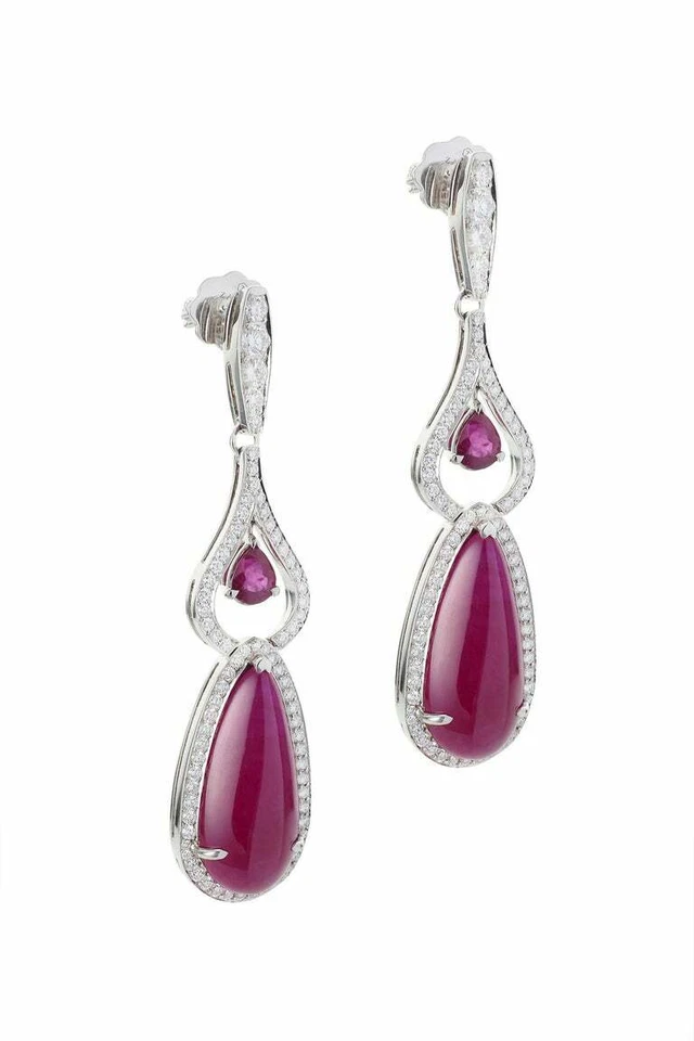 25.98CT Ruby Cabochon & 1.78CT Simulated Sapphires Drop Dangle Gorgeous Earring - Image 3 of 4