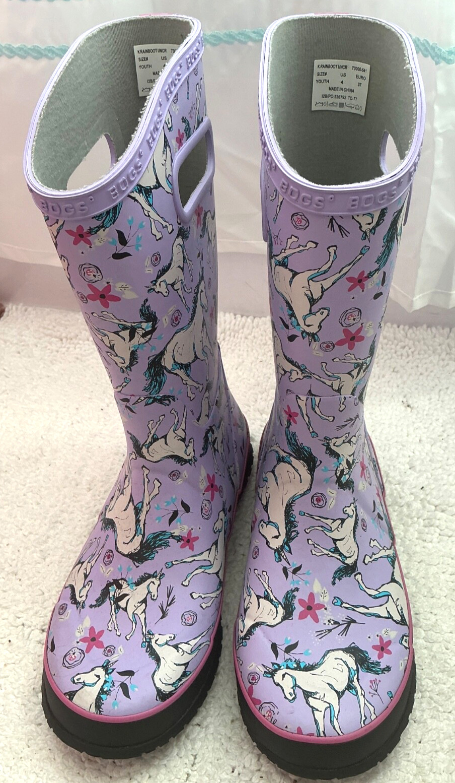 Bogs Rain Boots Big Kids Sz 4 Purple Multi Unicorn Awesome Waterproof Pull On-image