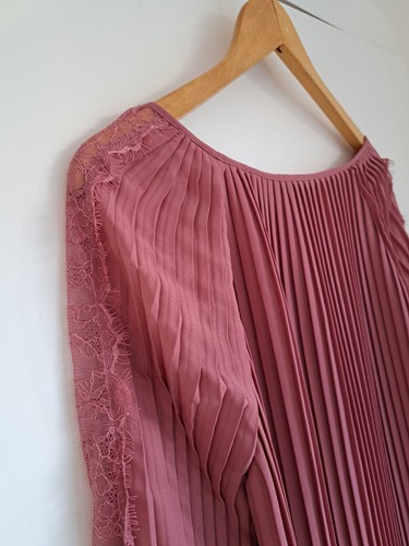 Next Pleated Chiffon Blouse Top UK 10 Dusky Pink Long Sleeve Lace Strip Floaty - Picture 10 of 16