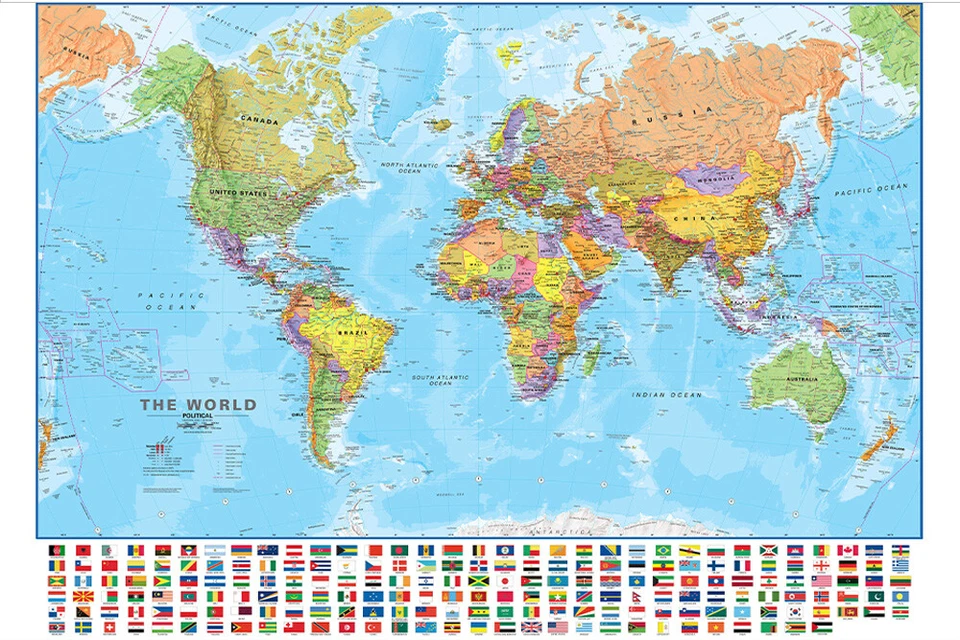 World Map With Flags Wall Chart Mural Educational Print Poster Decor 150x100cm - Image 2 of 4