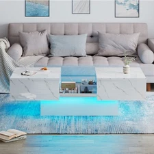 Extendable Coffee table w/ LED Lights & Storage High Gloss Tabletop Living Room