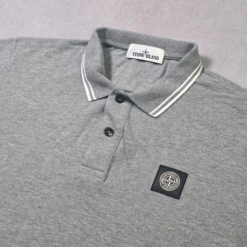 Stone Island Polo Shirt Mens 2XL Gray Striped Collar Cuffs Patched Logo Slim Fit