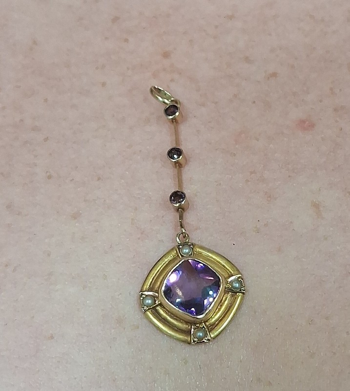 Edwardian Lavalier Pendant Yellow Gold Filled? Purple Stone And Seed Pearls
