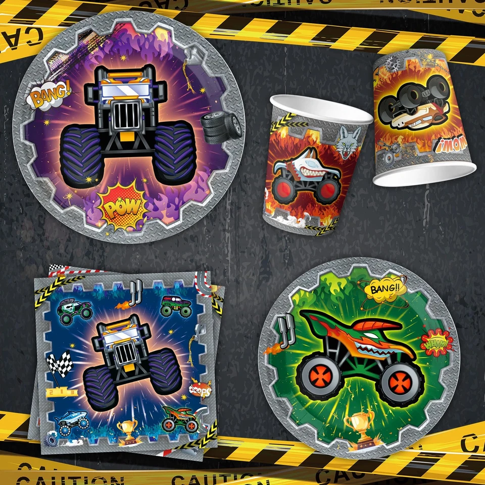 Suprimentos para festa de aniversário de caminhão VIZOZEN toalha de mesa pratos guardanapos copos - Imagem 3 de 4
