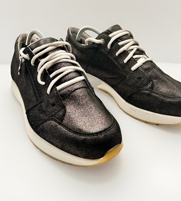 MUNRO Sutton Women s Metallic BLACK  Leather Sneaker Shoes Arch Support 10.5W