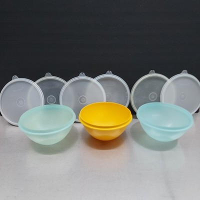 Lot of 3 Vintage Tupperware Bowls #234 & 6 Lids #227 Harvest Yellow & Light Blue