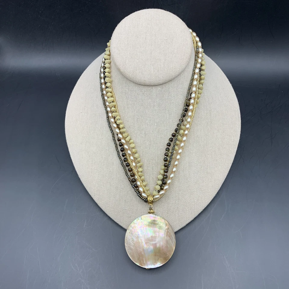 Collar Colgante Concha de Abulón Cuentas Imitación Perla Multi Hilo Boho Declaración Foto 2 de 4