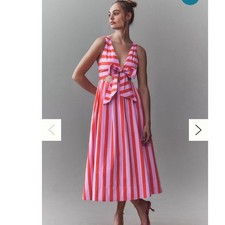 BHLDN Pink Orange Striped Tie Front Cutout Midi Dress Size S Pocketed V-Neck