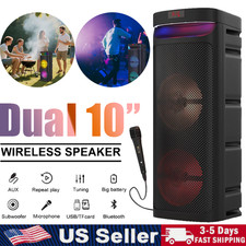 Dual 10" Woofer Bluetooth Party Trolley Speaker W/ Mic LED AUX FM Heavy Bass TWS