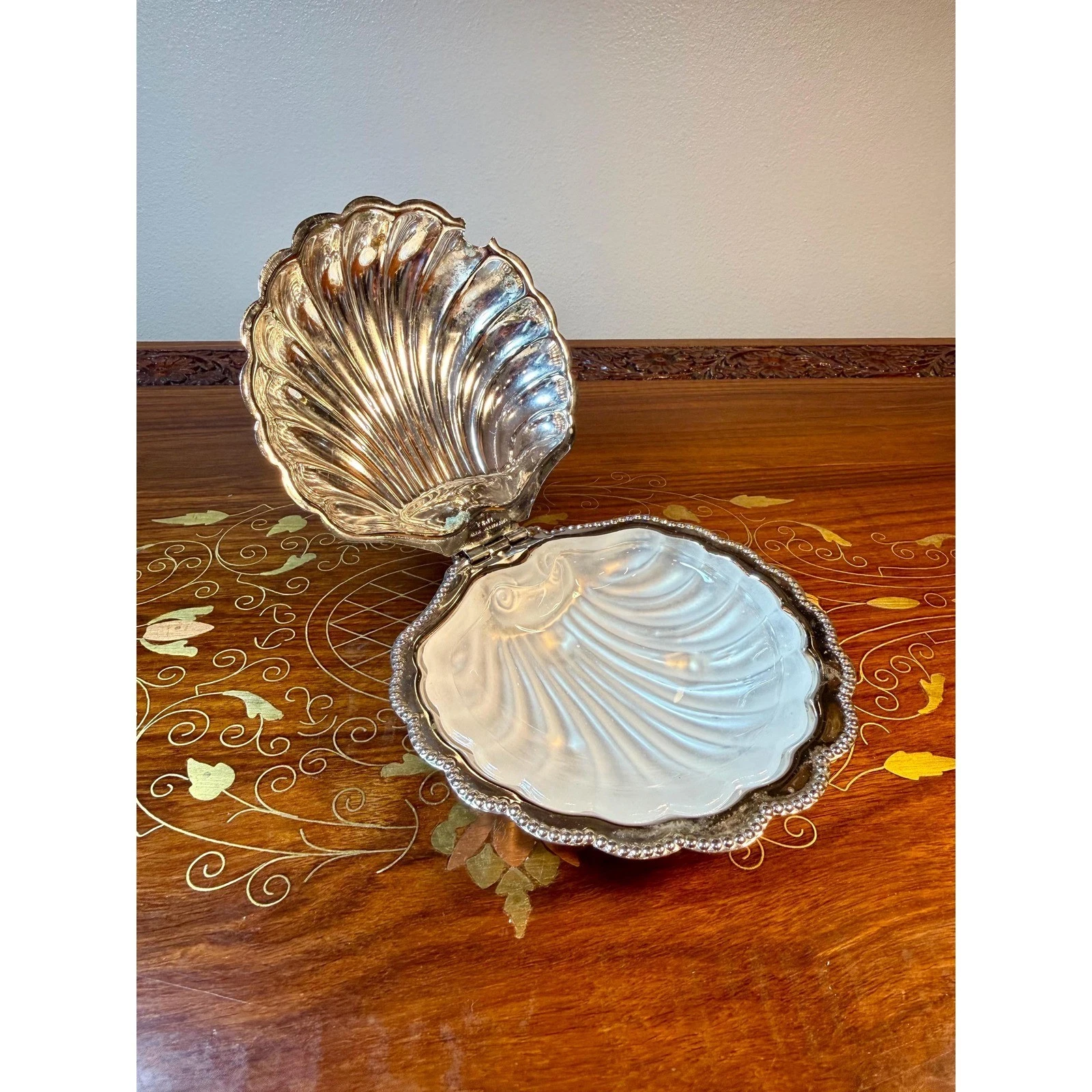 Vintage Clamshell Butter Dish • E&JL Silver Plate Server w/ Frosted Glass Insert