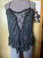 Black Solid One-Piece Teddy Bodysuit Women  s M Lace Ruffle Adj Strap Wireless