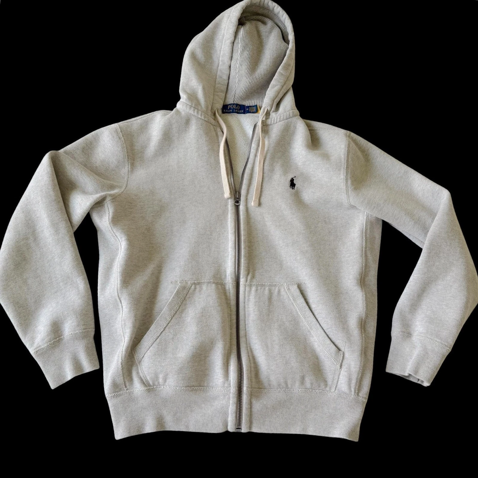 Polo Ralph Lauren Heather Grey Full Zip Fleece Hoodie Waffle Lined Hood M