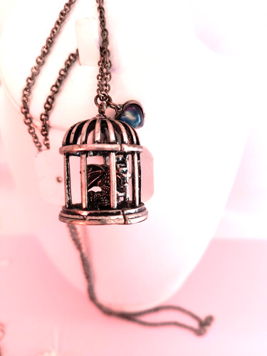 3D Fantasy Necklace Silvertone Caged Dragon With Multicolor Heart Charm
