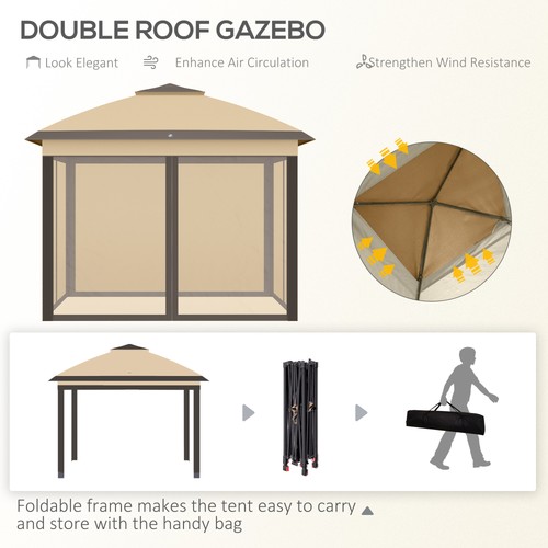 Outsunny Pop Up Gazebo Height Adjustable Canopy Tent w/ Carrying Bag, Beige - Picture 6 of 11