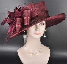 Burgundy Wide Brim Kentucky Derby Hat, Royal Ascot Hat, Tea Wedding Party Hat