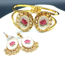 Victorian Revival Bracelet Earrings Set Petit Point Needlepoint Rose VTG READ