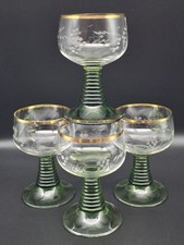 4 x ZWIESEL Weinrömer 0,2 l mit Goldrand und Grünen Trompeten-Fuß. Unbenutzt. 