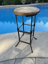 Unusual Antique Vitek Industrial Adjustable Drafting Stool Cast Iron w/ Wood Set