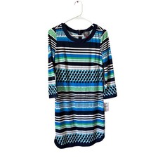 NWT Vince Camuto Women Blue Green Striped Polka Dot 3/4 Sleeve Dress Size 4