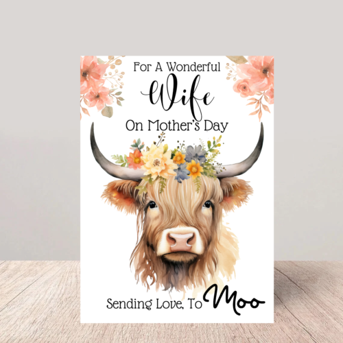 Wife Mothers Day Card Highland Cow Floral - Picture 1 of 1