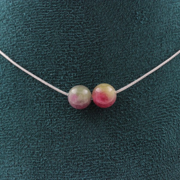 Halskette 2 Perlen Bicolor Turmalin 8 Mm Edelstahlkette Halskette Fe-image