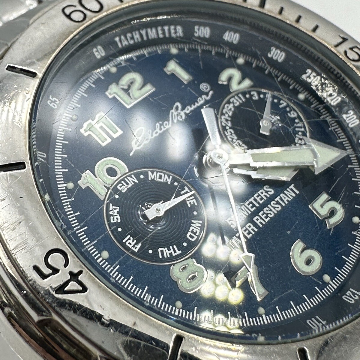 Eddie Bauer Quartz Watch 3786 Men 50m Silver Blue Fixed Bezel Sz 7