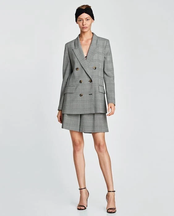 Traje de pata de gallo Zara Vestido Corto XS/Blazer XS Negro Blanco Corbata Pantalones Cortos Bermudas