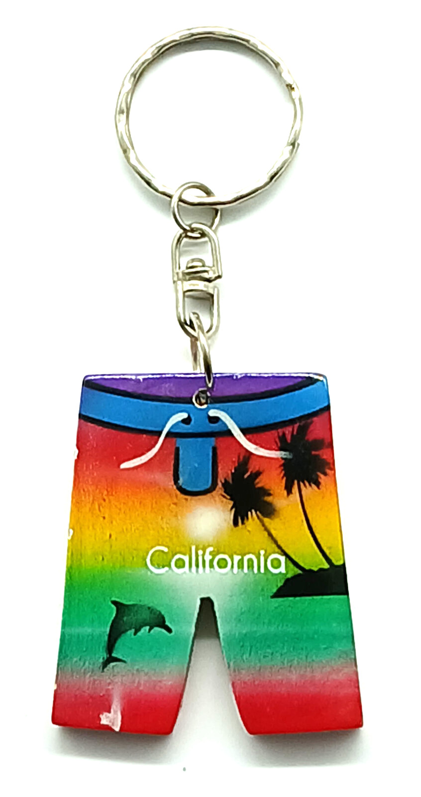 Vintage California Board Shorts Trunks Dolphin Palm Trees Keyring Keychain