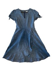 J Crew Chambray Faux Wrap Dress Blue 0 preppy summer classic casual ruffle