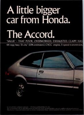 #ad Honda 1976 Advertisement A Little Bigger Car From Honda The Accord CVCC $3995. $11.99