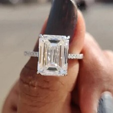 3Ctw Emerald Cut Moissanite Hidden Halo Engagement Ring 14K White Gold Plated