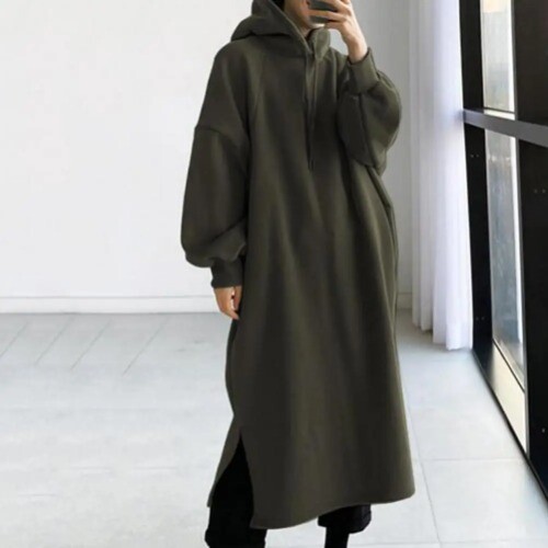 Oversized Hoodie Dresses rregular Hem Polyester Drawstring Hooded Sweatshirt - Picture 11 of 28