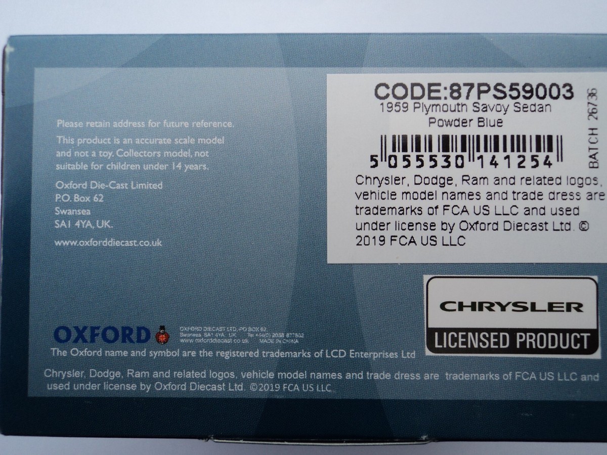 Oxford 1959 PLYMOUTH SAVOY Sedan Powder Blue 1/87 HO Diecast - Foto 3