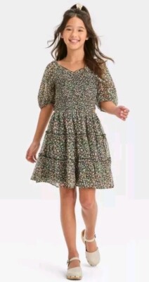 Girl's Smocked Bodice Cut Out Chiffon Dress Art Class Size L 10-12 Black Floral