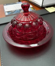Vintage Red Ruby Mosser Eye Winker Butter Or Cheese Dish Heavy Glass