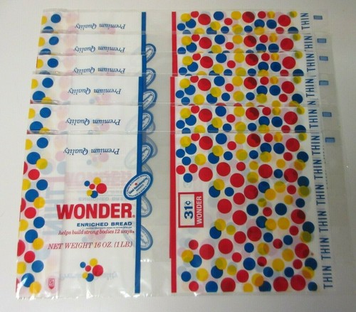 WONDER BREAD 6 Bag Wrappers 31¢ New Vintage "helps build strong bodies 12 ways"