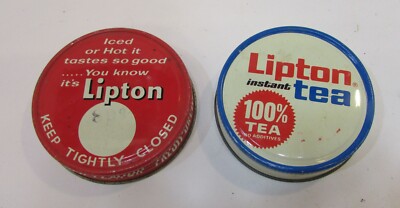 Two Vintage 1950's Lipton Tea 3'' Tin Screw On Jar Lids Red White Blue