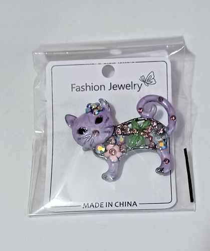 Enamel & Rhinestone Cat Broach - Picture 2 of 5