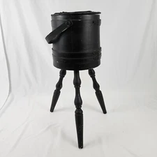 Vtg Firkin Basket Sugar Bucket Tripod Sewing Stand Primitive Wooden Farmhouse