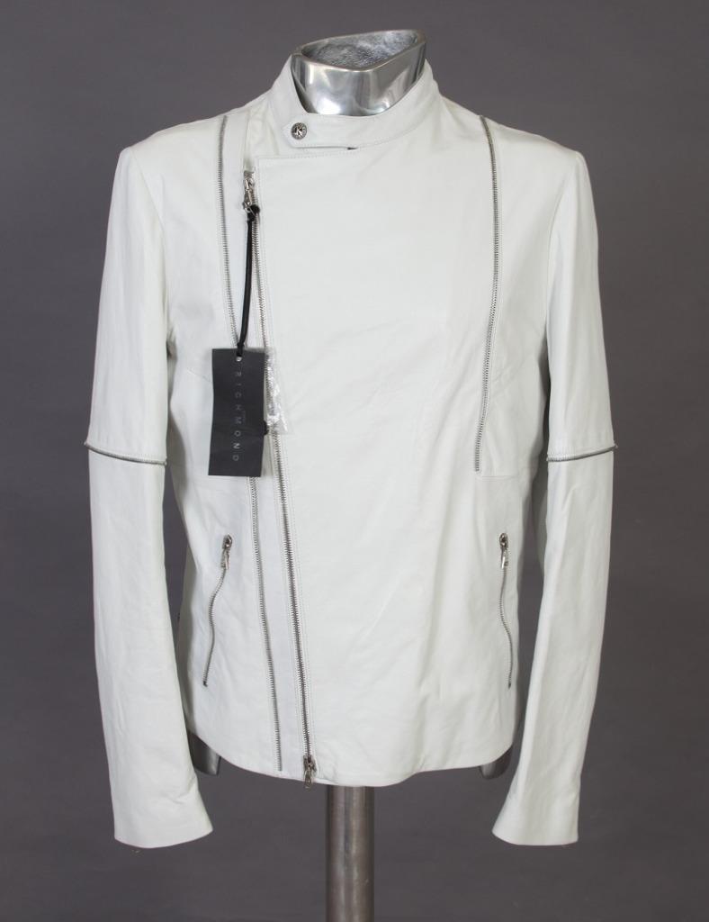Hauptlinie John Richmond Weiß Reißverschluss Detail Biker Lederjacke EU50 Groß Hauptlinie John Richmond Weiß Reißverschluss Detail Biker Lederjacke EU50 Groß