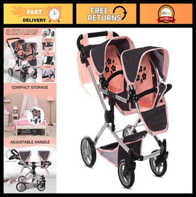Baby Doll Double Stroller - Twin Pram Buggy for Kids, Adjustable Handle, Rotatin